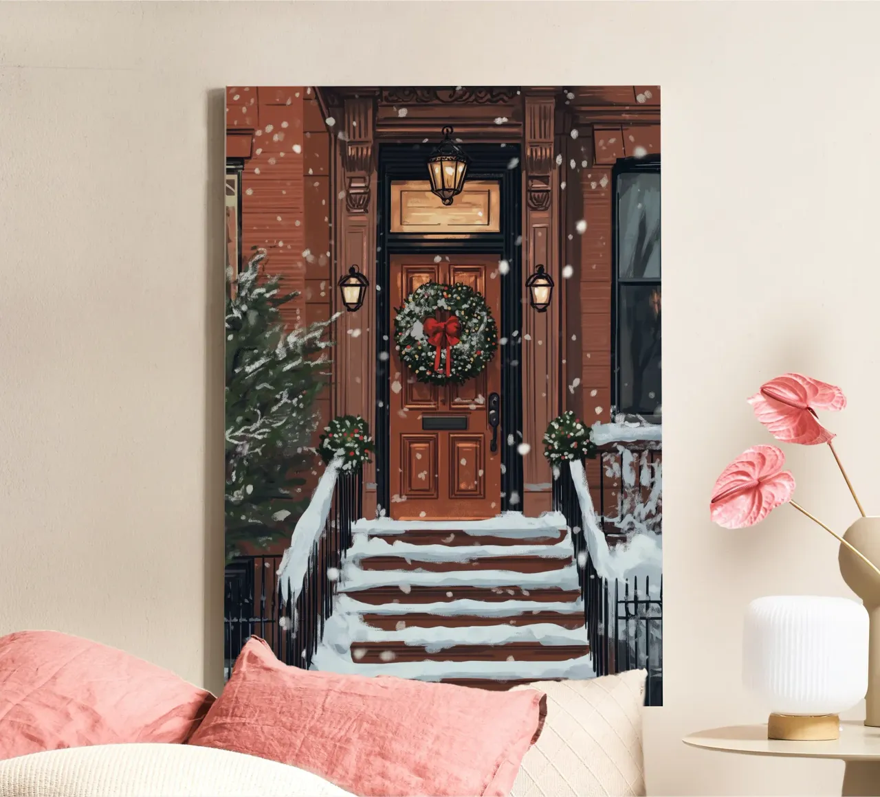 Feestelijke Bruine Steen Deur - Besneeuwde Kerst Entree Kunst canvas met Baklijst van ClubArt