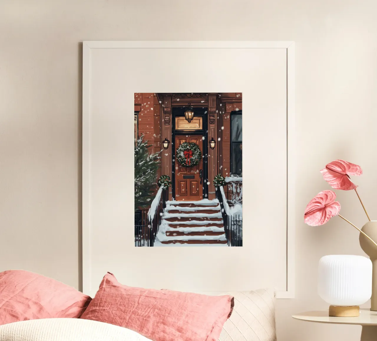 Porte festive en pierre brune - Art d'entrée de Noël enneigé poster de ClubArt