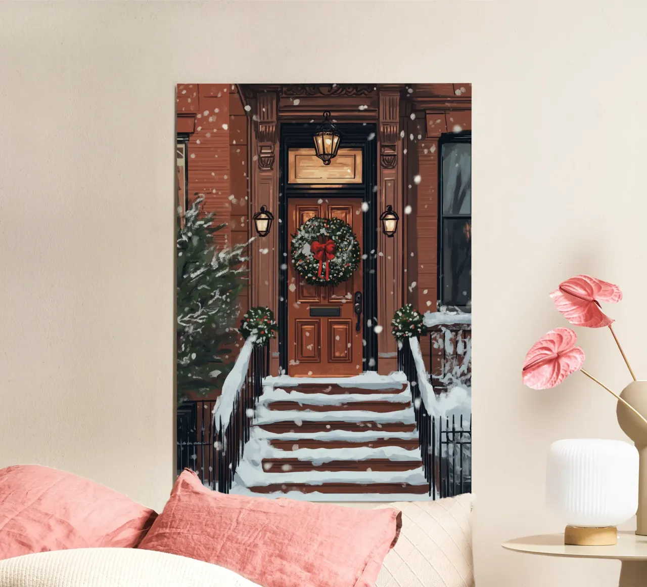Porte festive en pierre brune - Art d'entrée de Noël enneigé poster de ClubArt