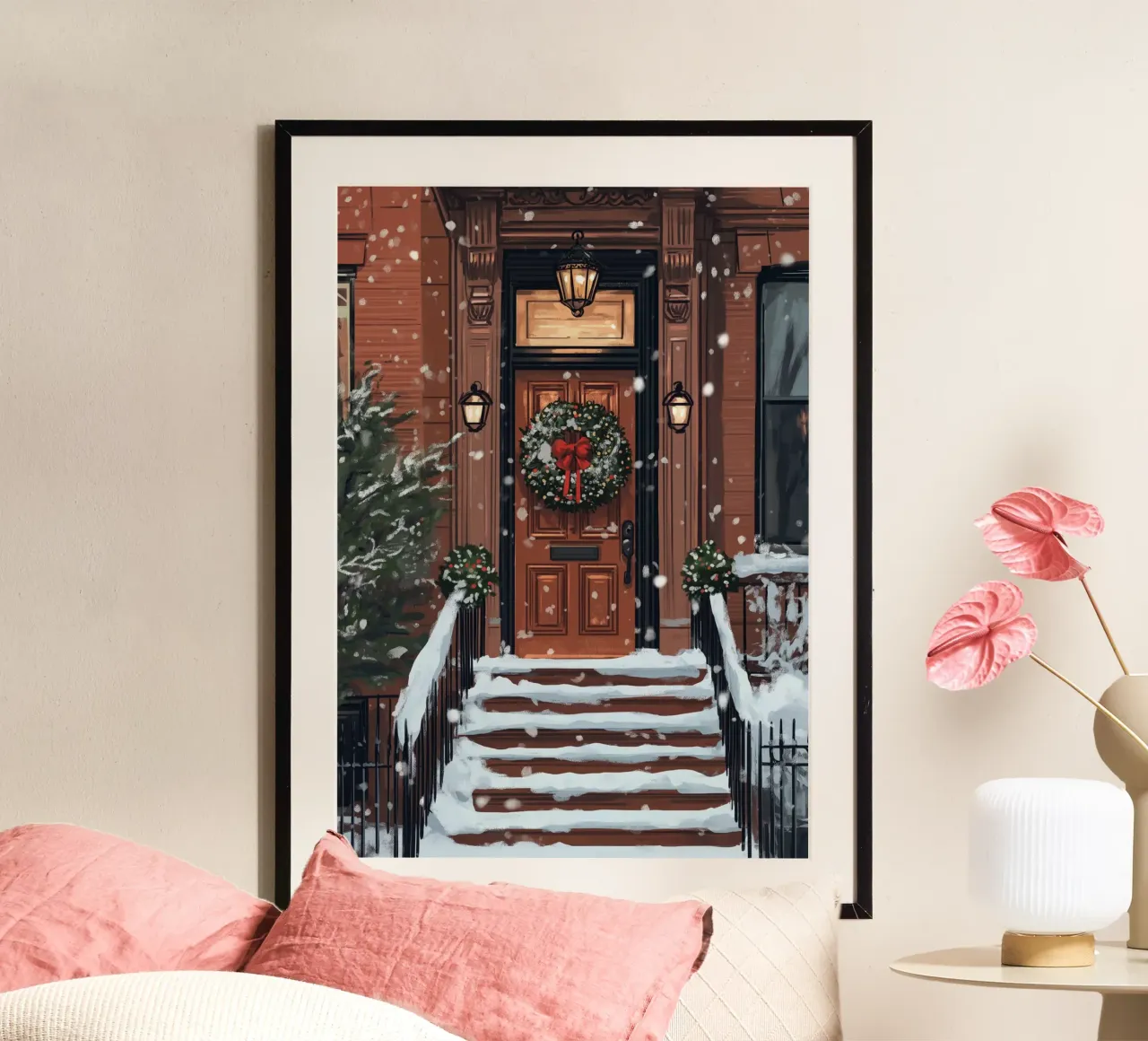 Porte festive en pierre brune - Art d'entrée de Noël enneigé poster de ClubArt