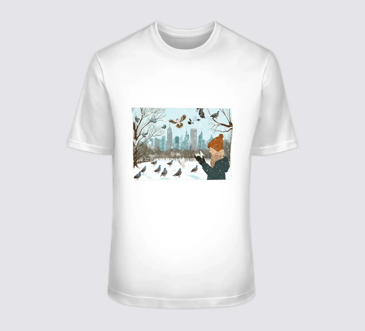 Nutrire i piccioni in inverno - Scena di uccelli nel parco di New York innevato t-shirt da ClubArt