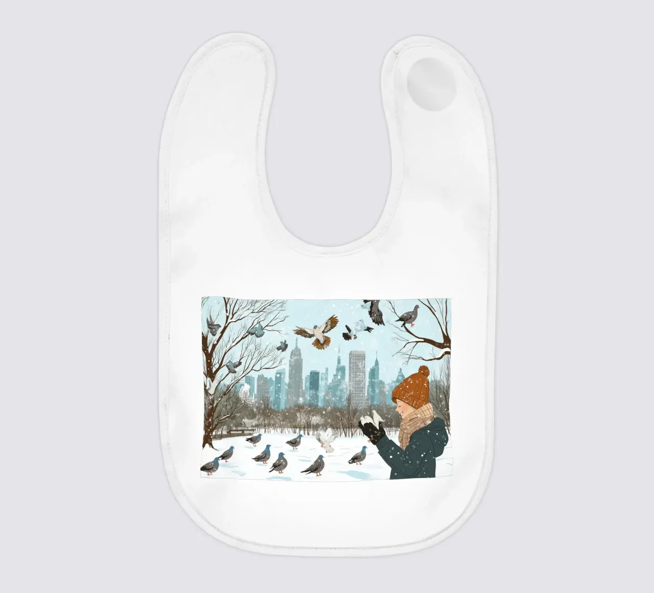 Nutrire i piccioni in inverno - Scena di uccelli nel parco di New York innevato bavaglino da ClubArt