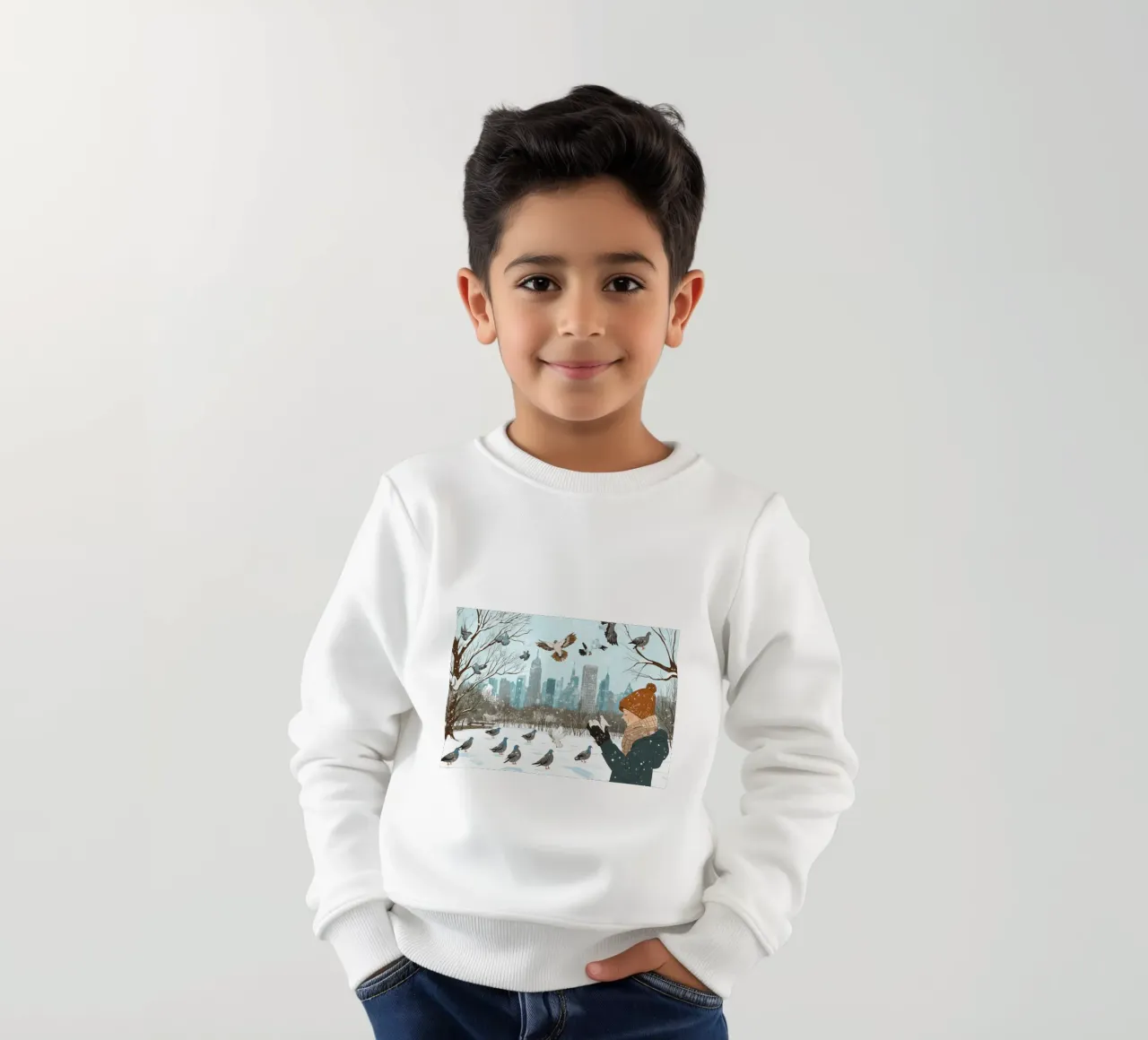 Nutrire i piccioni in inverno - Scena di uccelli nel parco di New York innevato felpa bambino da ClubArt