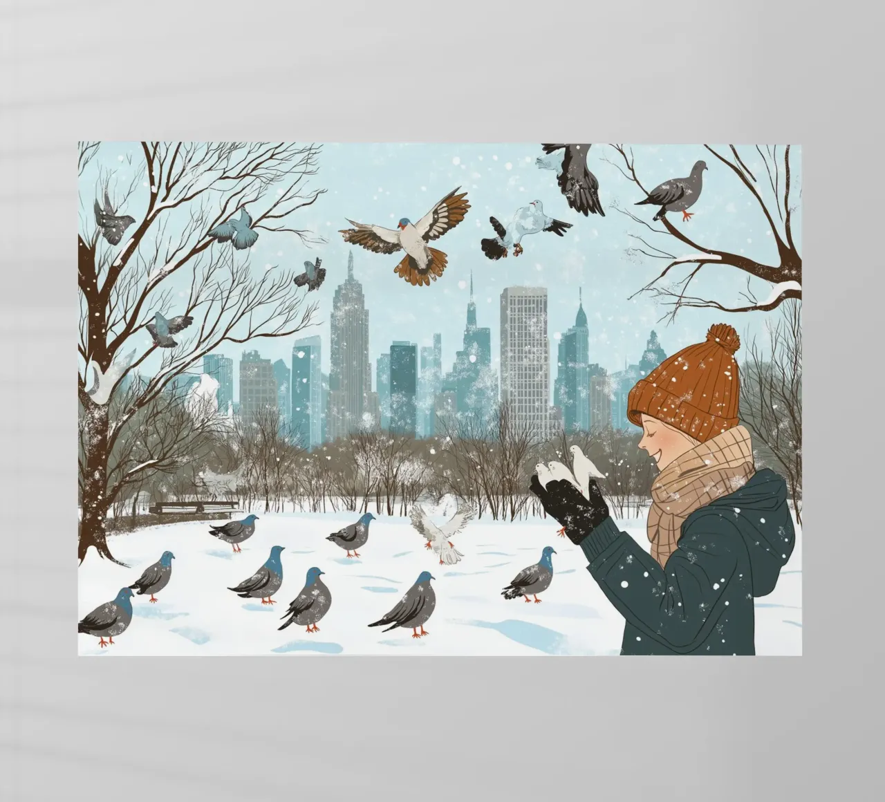 Nutrire i piccioni in inverno - Scena di uccelli nel parco di New York innevato pellicola backlit da ClubArt