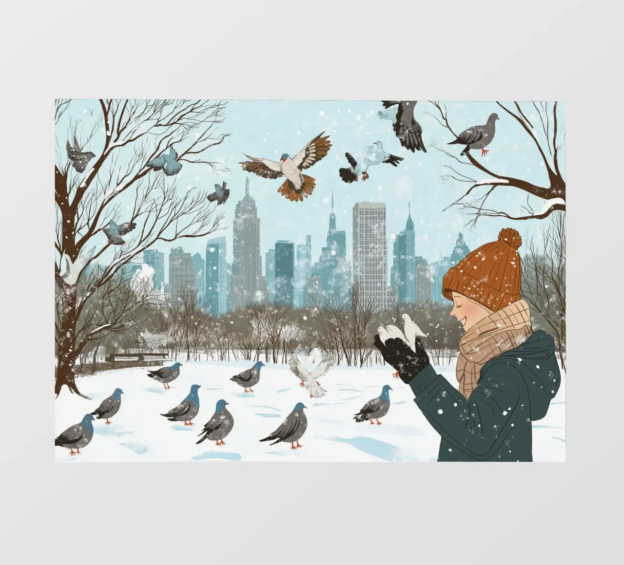 Nutrire i piccioni in inverno - Scena di uccelli nel parco di New York innevato telo in pvc da ClubArt