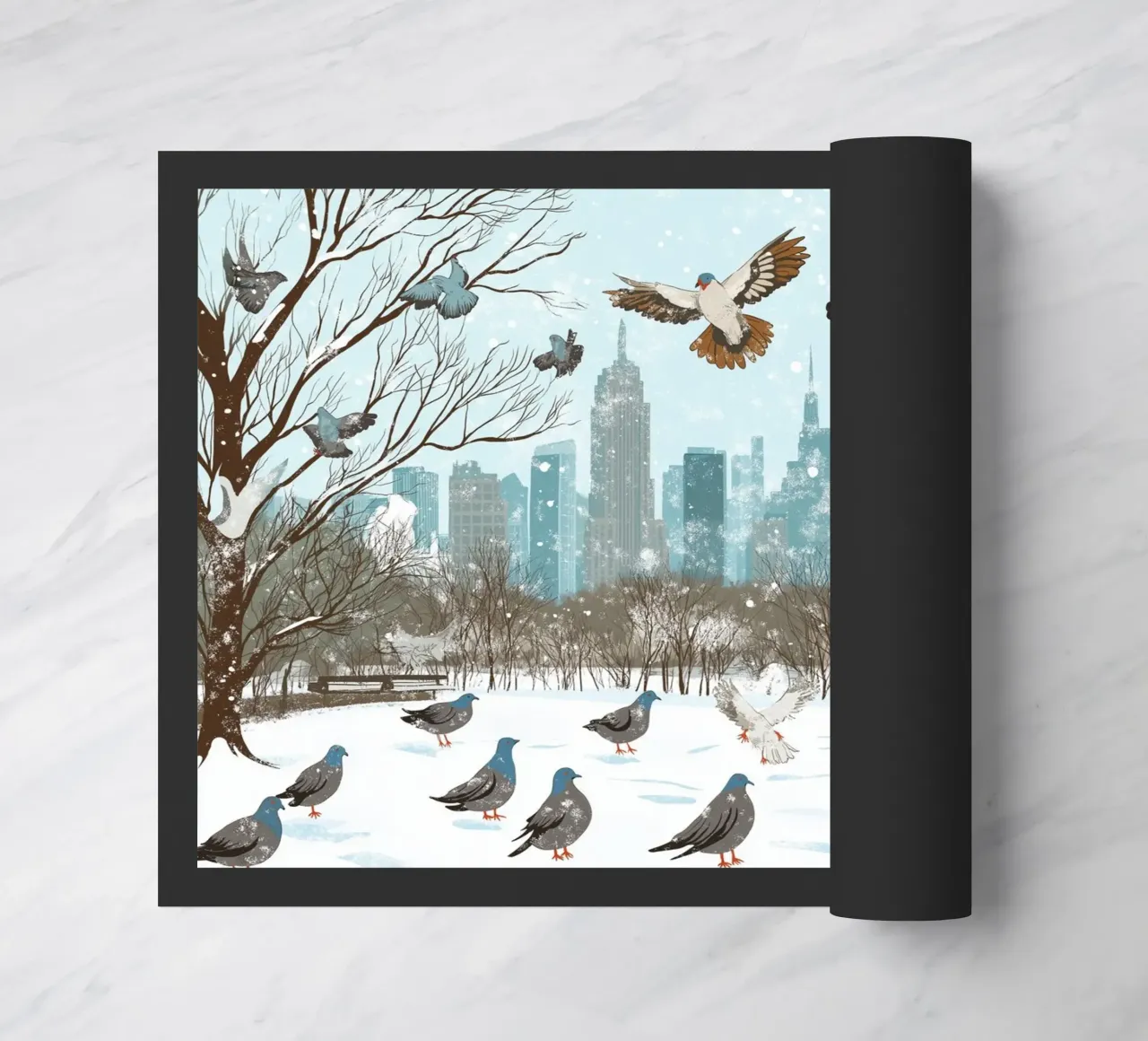 Nutrire i piccioni in inverno - Scena di uccelli nel parco di New York innevato zerbino da ClubArt