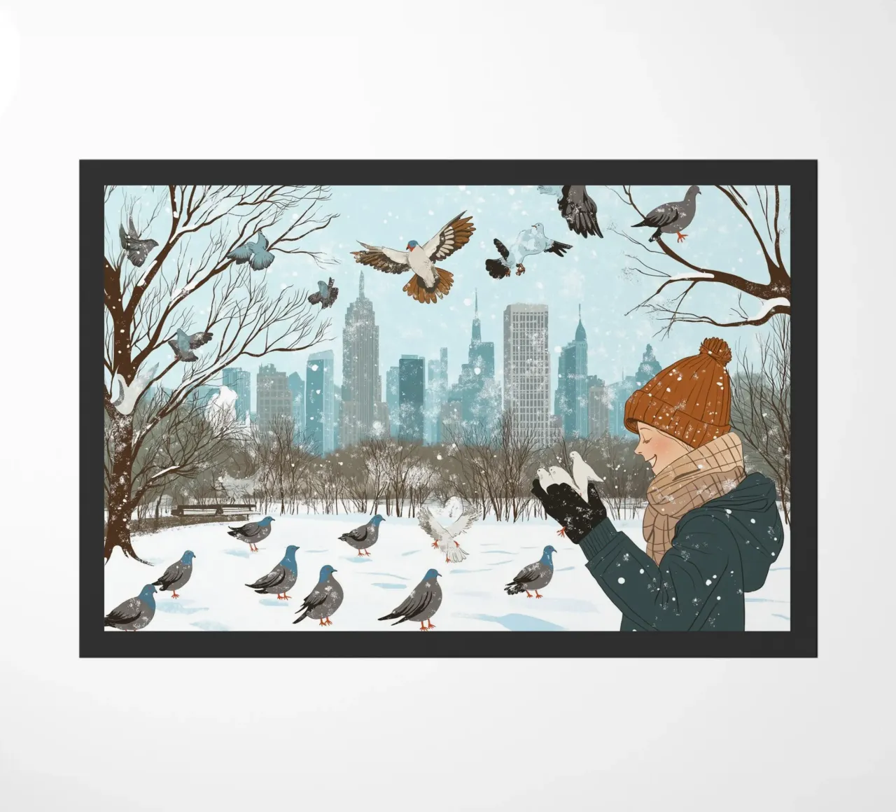 Nutrire i piccioni in inverno - Scena di uccelli nel parco di New York innevato zerbino da ClubArt