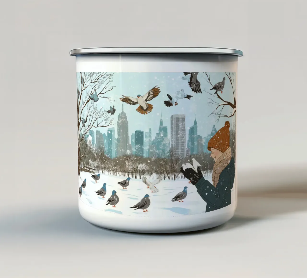 Nutrire i piccioni in inverno - Scena di uccelli nel parco di New York innevato tazza in smalto da ClubArt