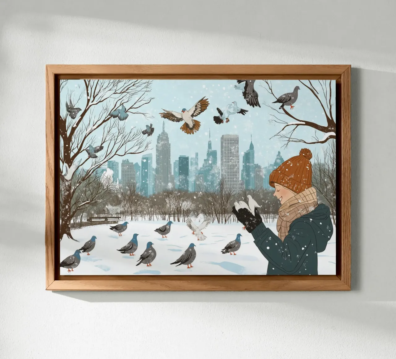 Nutrire i piccioni in inverno - Scena di uccelli nel parco di New York innevato alluminio dibond da ClubArt
