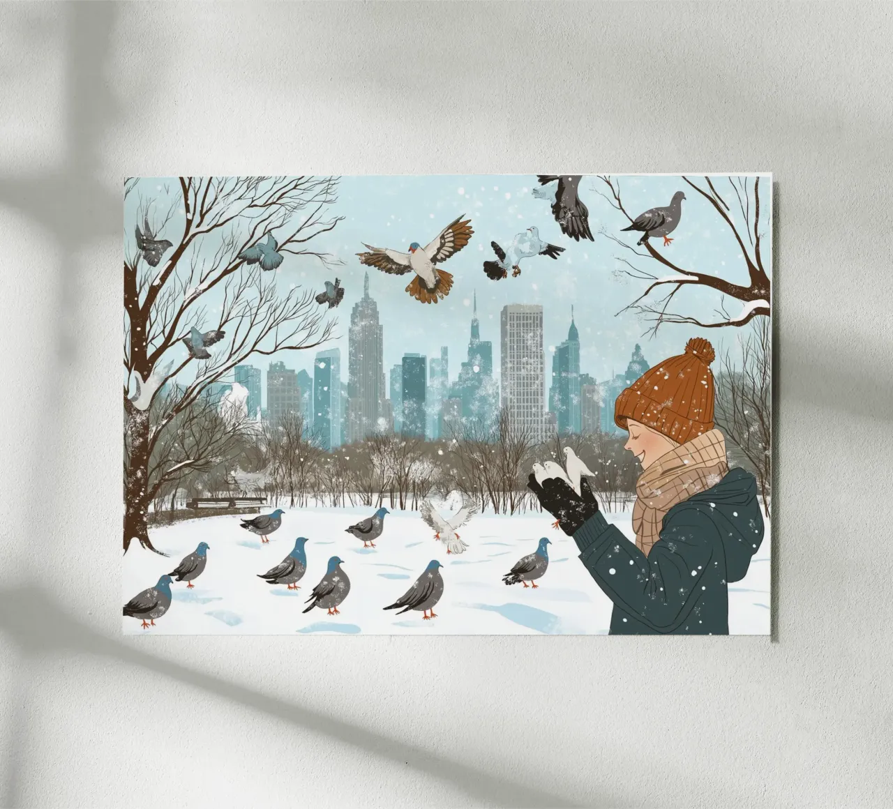 Nutrire i piccioni in inverno - Scena di uccelli nel parco di New York innevato alluminio dibond da ClubArt