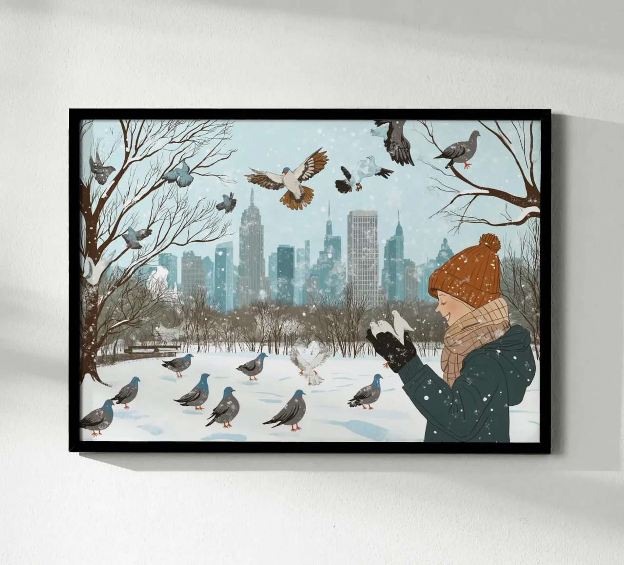Nutrire i piccioni in inverno - Scena di uccelli nel parco di New York innevato carta hahnemühle da ClubArt