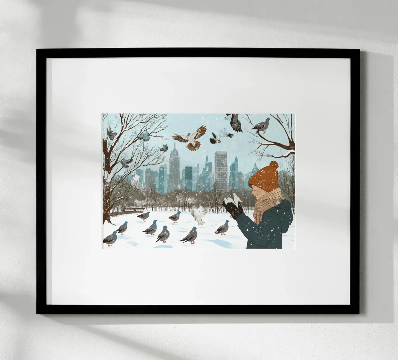 Nutrire i piccioni in inverno - Scena di uccelli nel parco di New York innevato carta hahnemühle da ClubArt