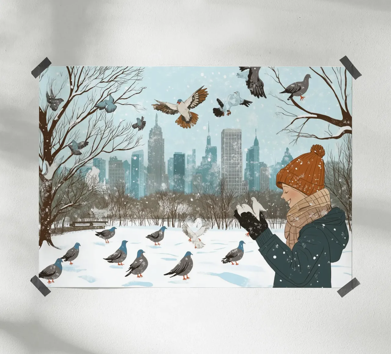 Nutrire i piccioni in inverno - Scena di uccelli nel parco di New York innevato carta hahnemühle da ClubArt