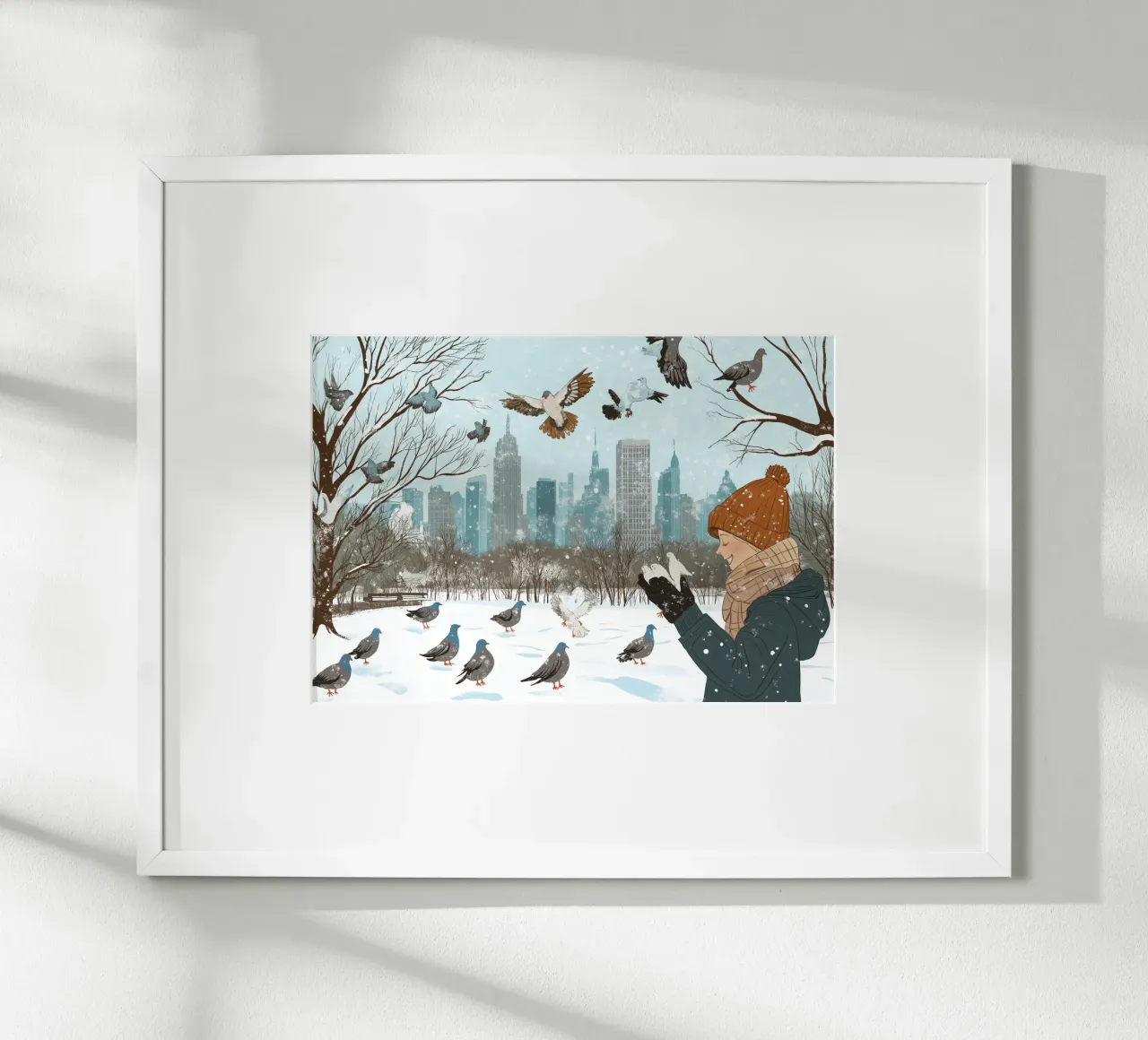 Nutrire i piccioni in inverno - Scena di uccelli nel parco di New York innevato carta hahnemühle da ClubArt