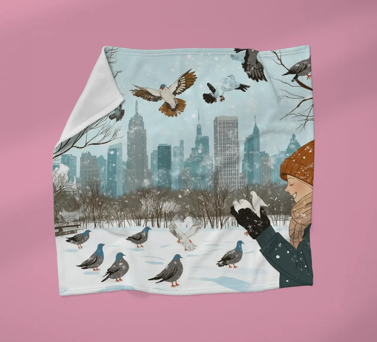 Nutrire i piccioni in inverno - Scena di uccelli nel parco di New York innevato coperta in pile da ClubArt