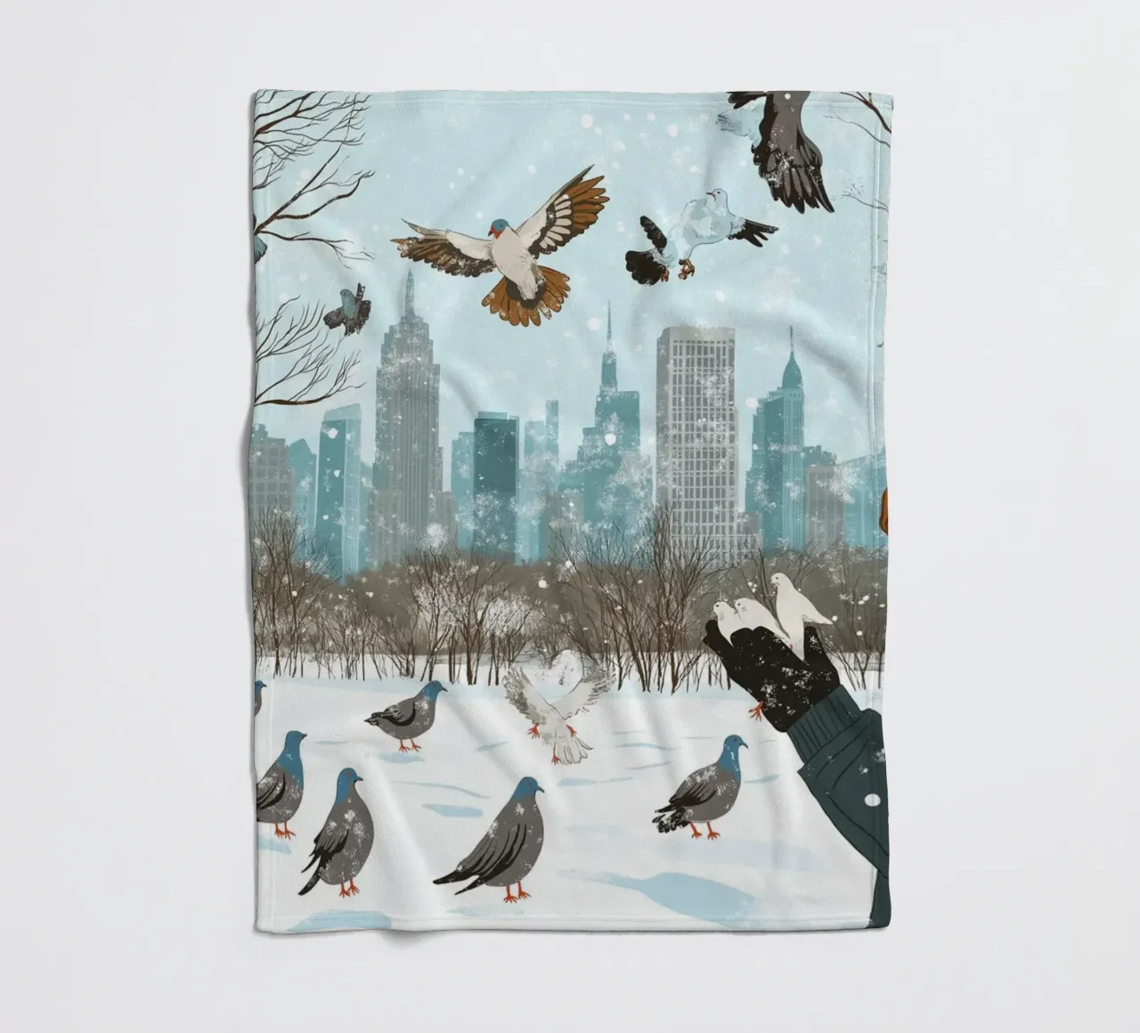 Nutrire i piccioni in inverno - Scena di uccelli nel parco di New York innevato coperta in pile da ClubArt