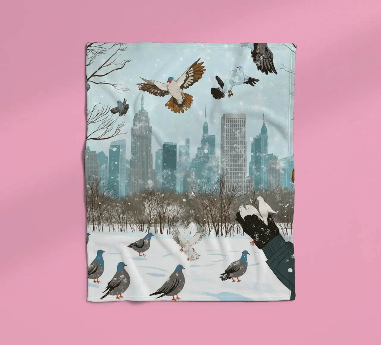 Nutrire i piccioni in inverno - Scena di uccelli nel parco di New York innevato coperta in pile da ClubArt