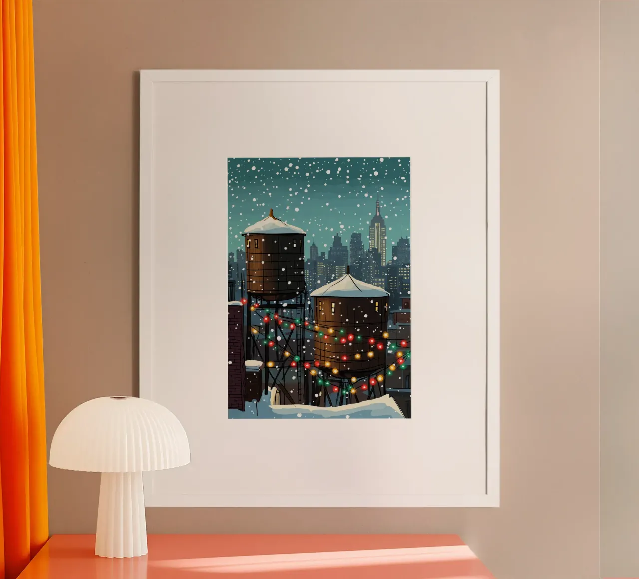 Torres de agua de Nueva York - Luces navideñas en los tejados nevados poster con marco de aluminio de ClubArt