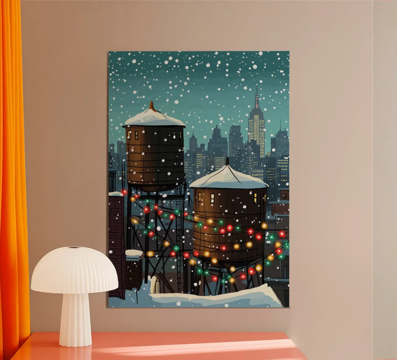 Torres de agua de Nueva York - Luces navideñas en los tejados nevados poster con marco de aluminio de ClubArt