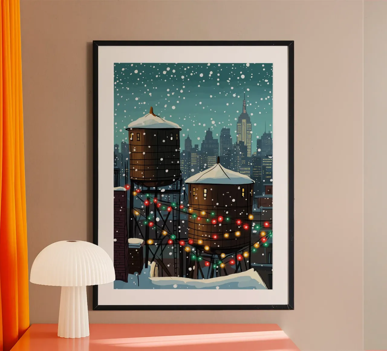 Torres de agua de Nueva York - Luces navideñas en los tejados nevados poster con marco de aluminio de ClubArt