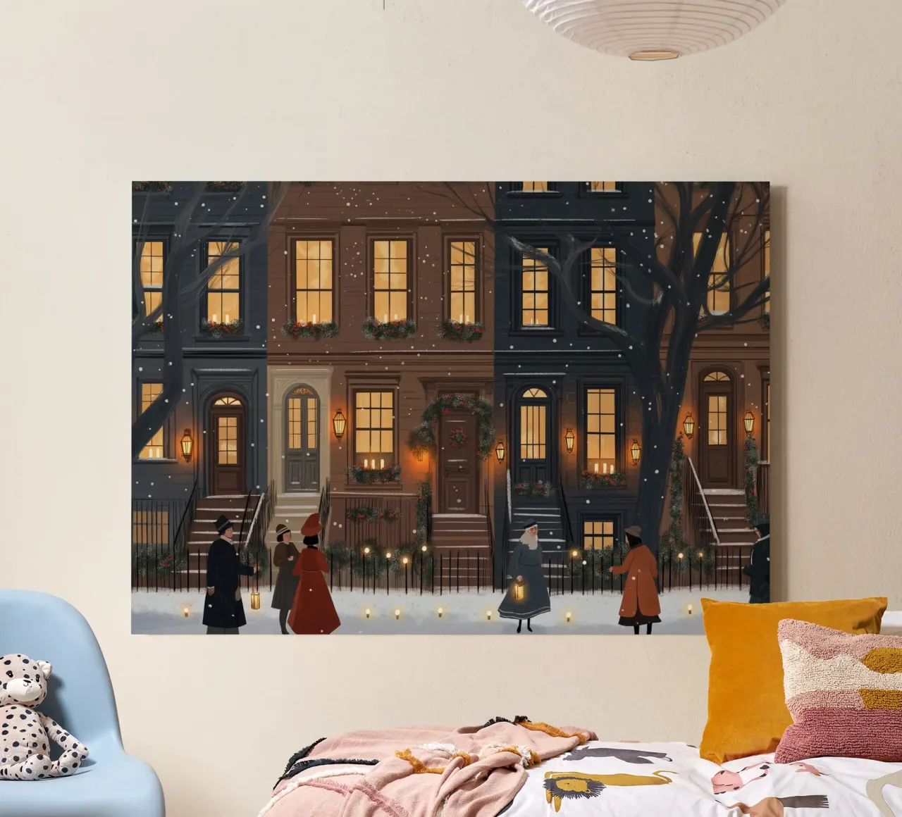 Gemütlicher Brownstone-Abend - Verschneite Weihnachtslieder Kunst Leinwand mit Schattenfugenrahmen von ClubArt