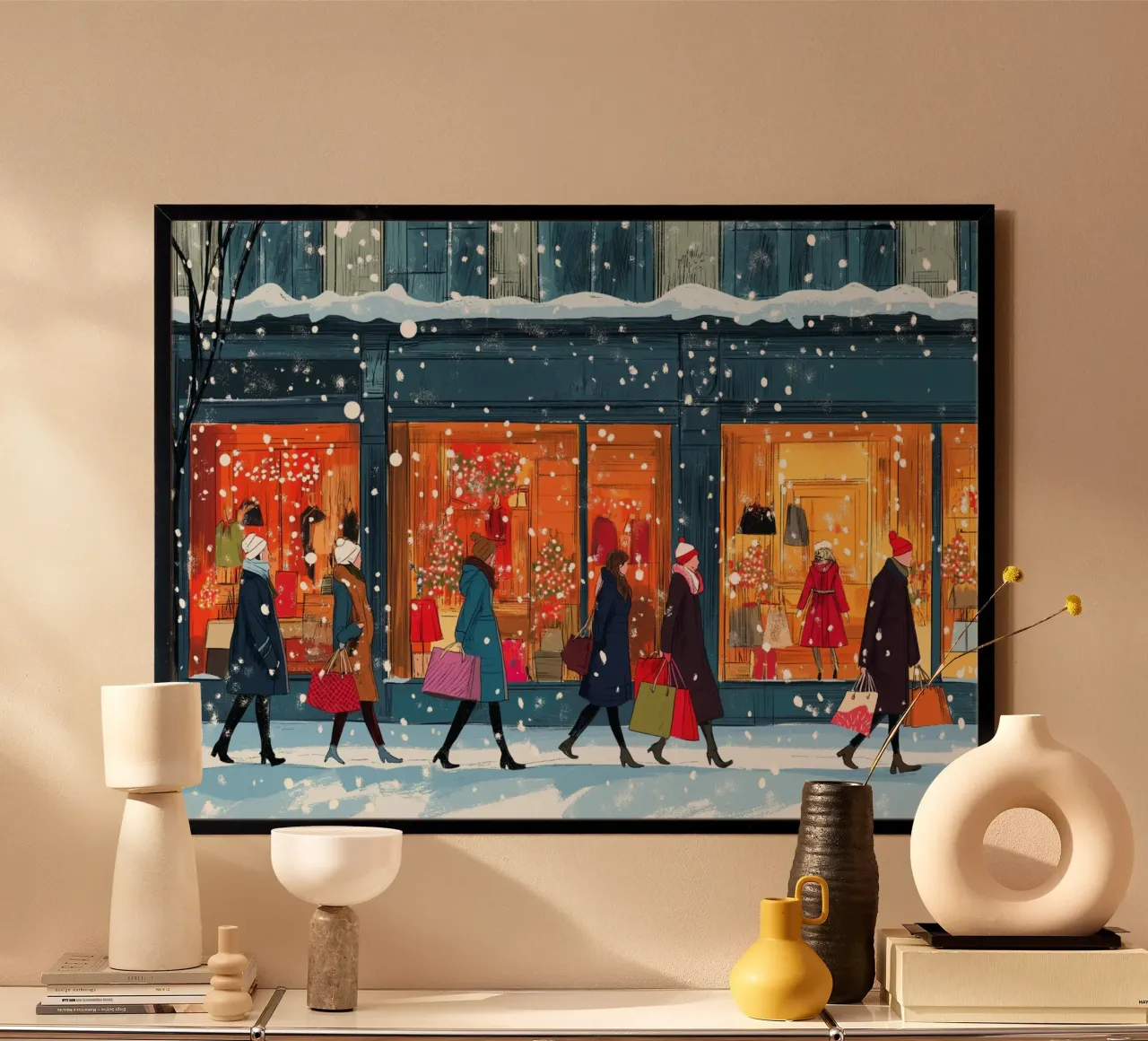 Lèche-vitrines festif - Scène de Noël enneigée dans le commerce de détail poster de ClubArt