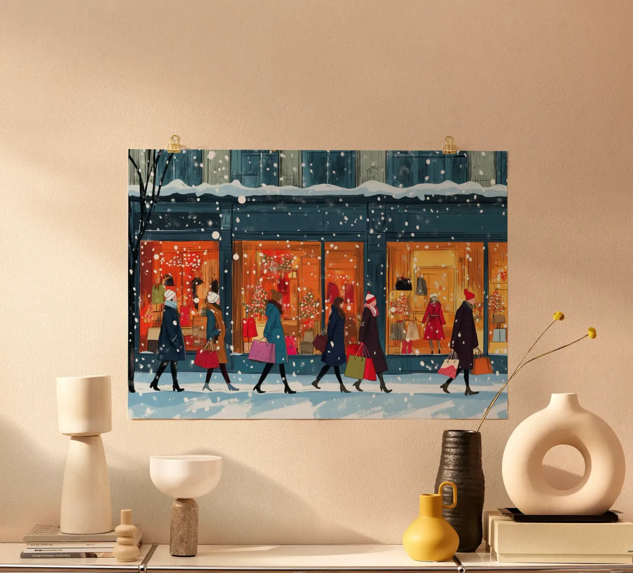 Lèche-vitrines festif - Scène de Noël enneigée dans le commerce de détail poster de ClubArt