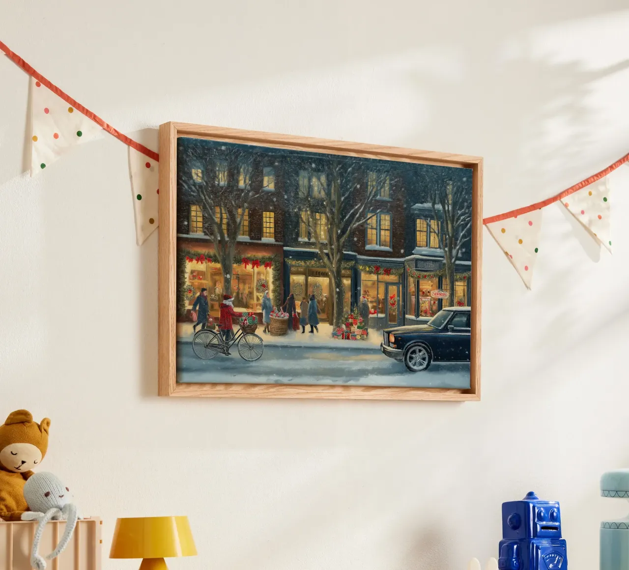 Gezellige kerstwinkelstraat - besneeuwde kerstavond kunst canvas met Baklijst van ClubArt