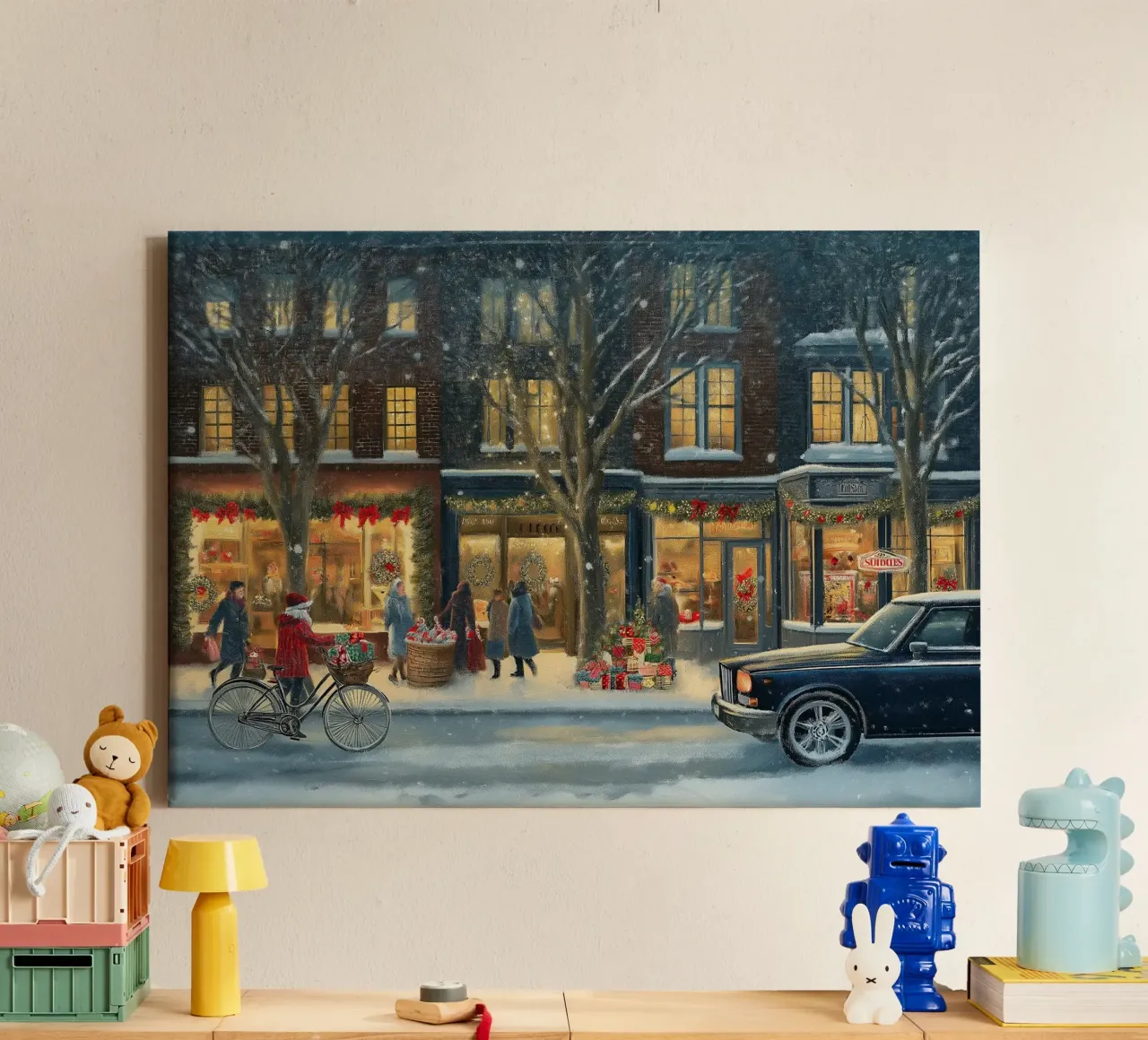 Gezellige kerstwinkelstraat - besneeuwde kerstavond kunst canvas met Baklijst van ClubArt