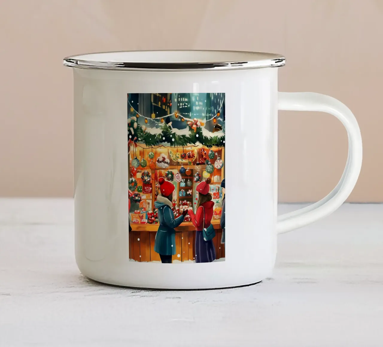 Gezellige kerstmarkt - besneeuwde kerstinkopen emaille mok van ClubArt