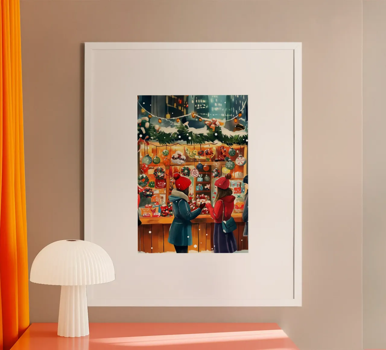 Acogedor mercado navideño - Arte de las compras navideñas en la nieve poster con marco de plástico de ClubArt