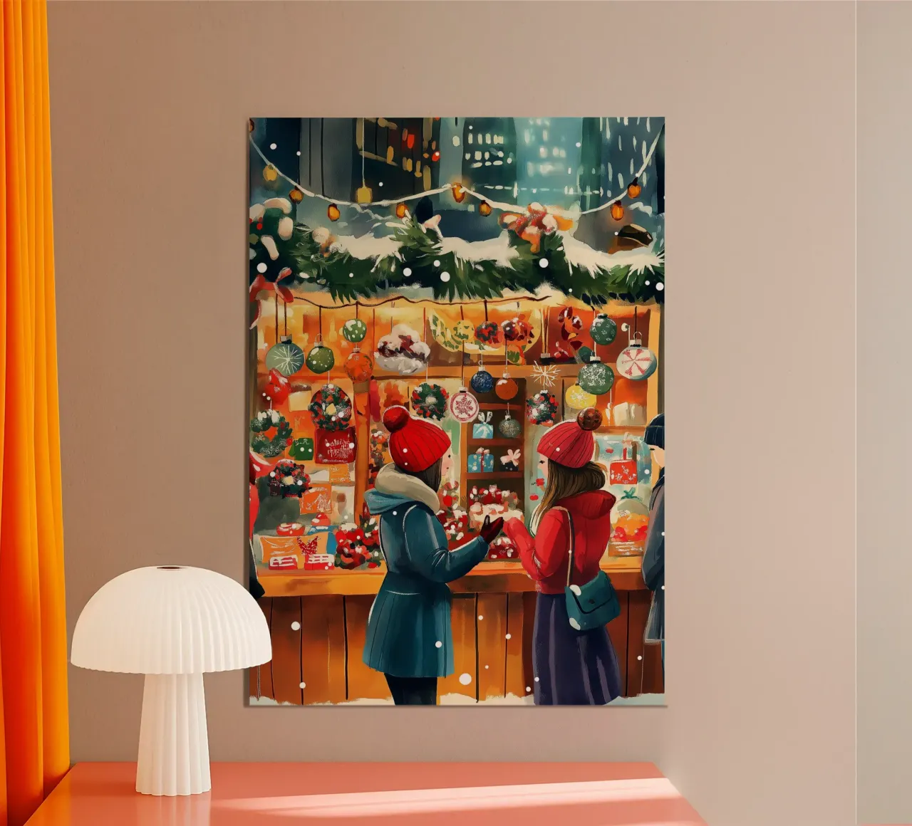 Acogedor mercado navideño - Arte de las compras navideñas en la nieve poster con marco de plástico de ClubArt