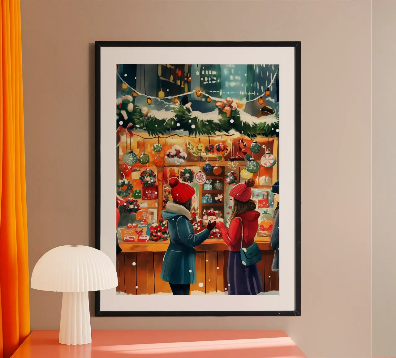 Acogedor mercado navideño - Arte de las compras navideñas en la nieve poster con marco de plástico de ClubArt