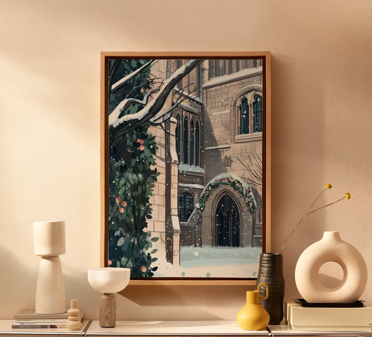 Église enneigée de Noël - Gothic Architecture Winter Art toile avec Caisse américaine de ClubArt