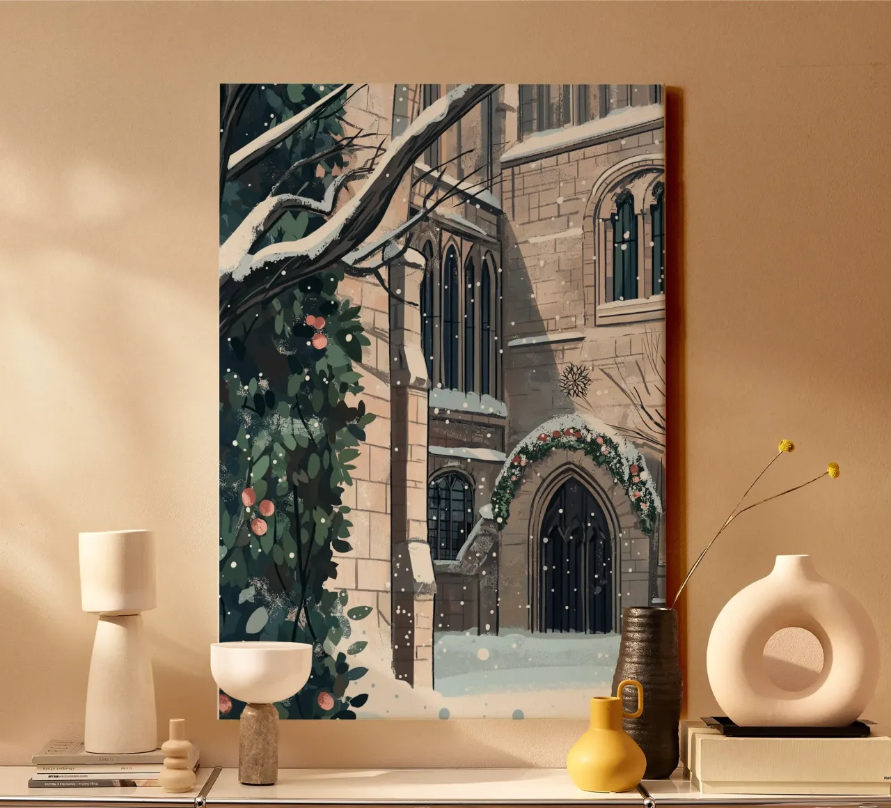 Église enneigée de Noël - Gothic Architecture Winter Art toile avec Caisse américaine de ClubArt
