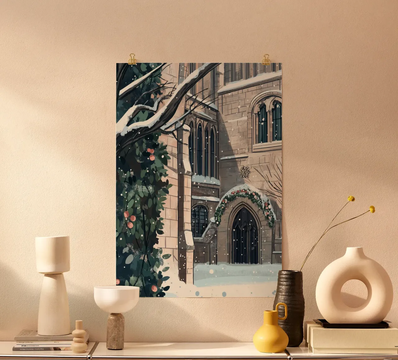 Église enneigée de Noël - Gothic Architecture Winter Art poster de ClubArt