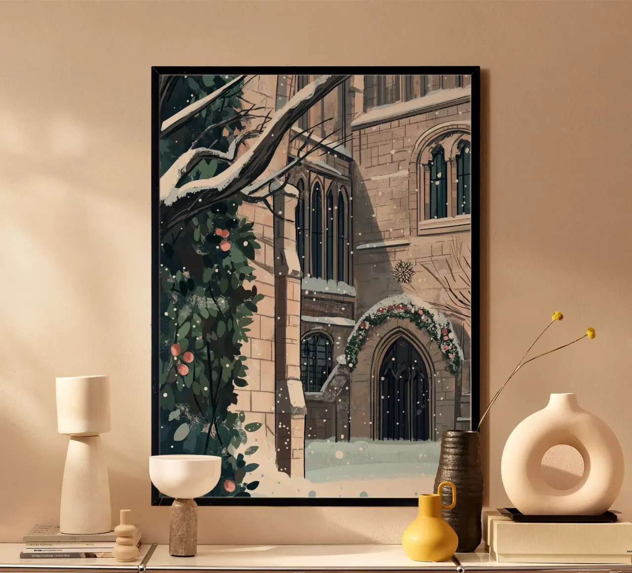 Église enneigée de Noël - Gothic Architecture Winter Art poster de ClubArt