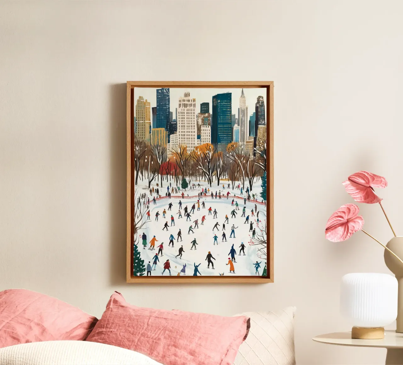 NYC Central Park ijsbaan - winters schaatsplezier in de sneeuw canvas met Baklijst van ClubArt