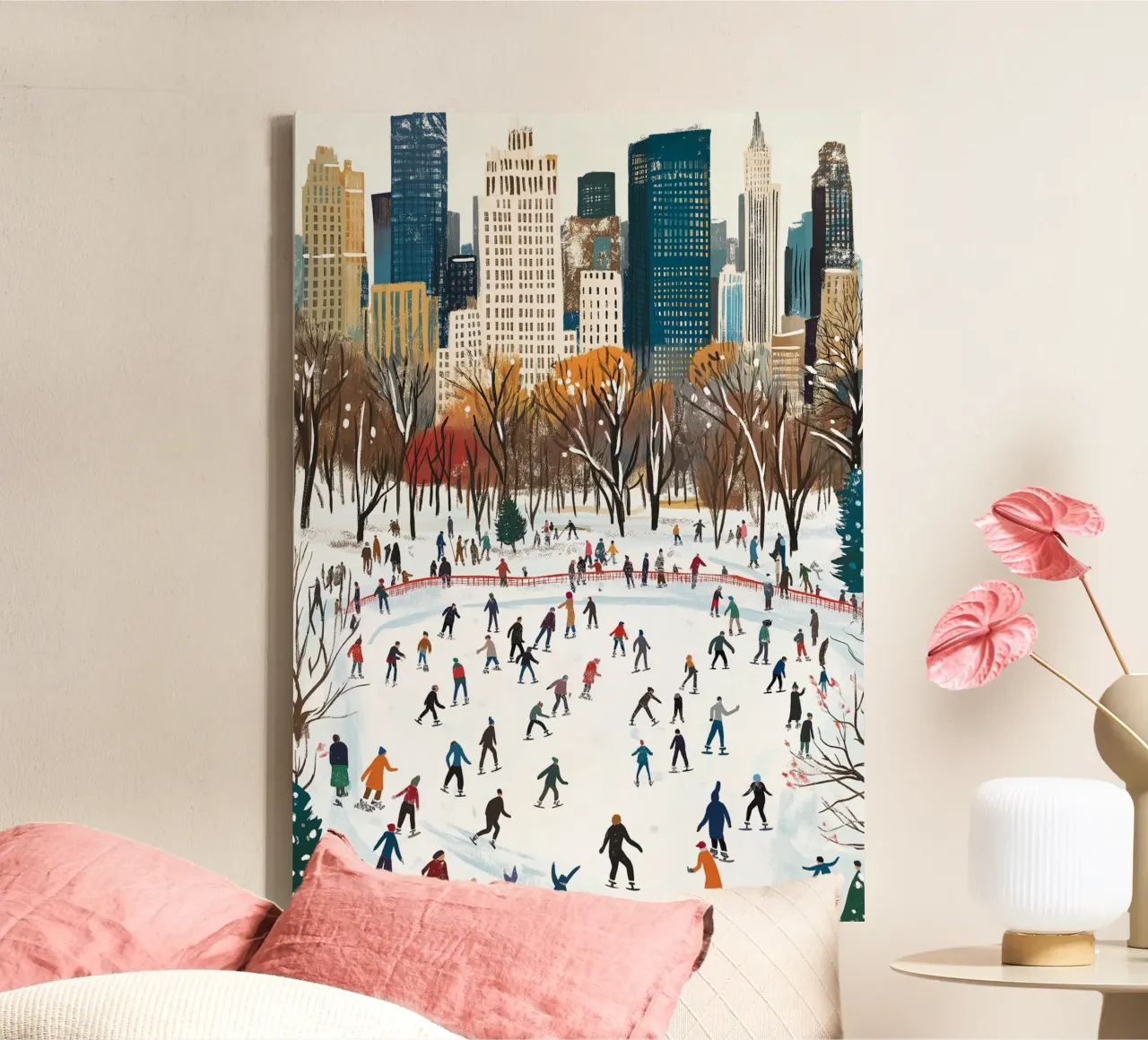 NYC Central Park ijsbaan - winters schaatsplezier in de sneeuw canvas met Baklijst van ClubArt