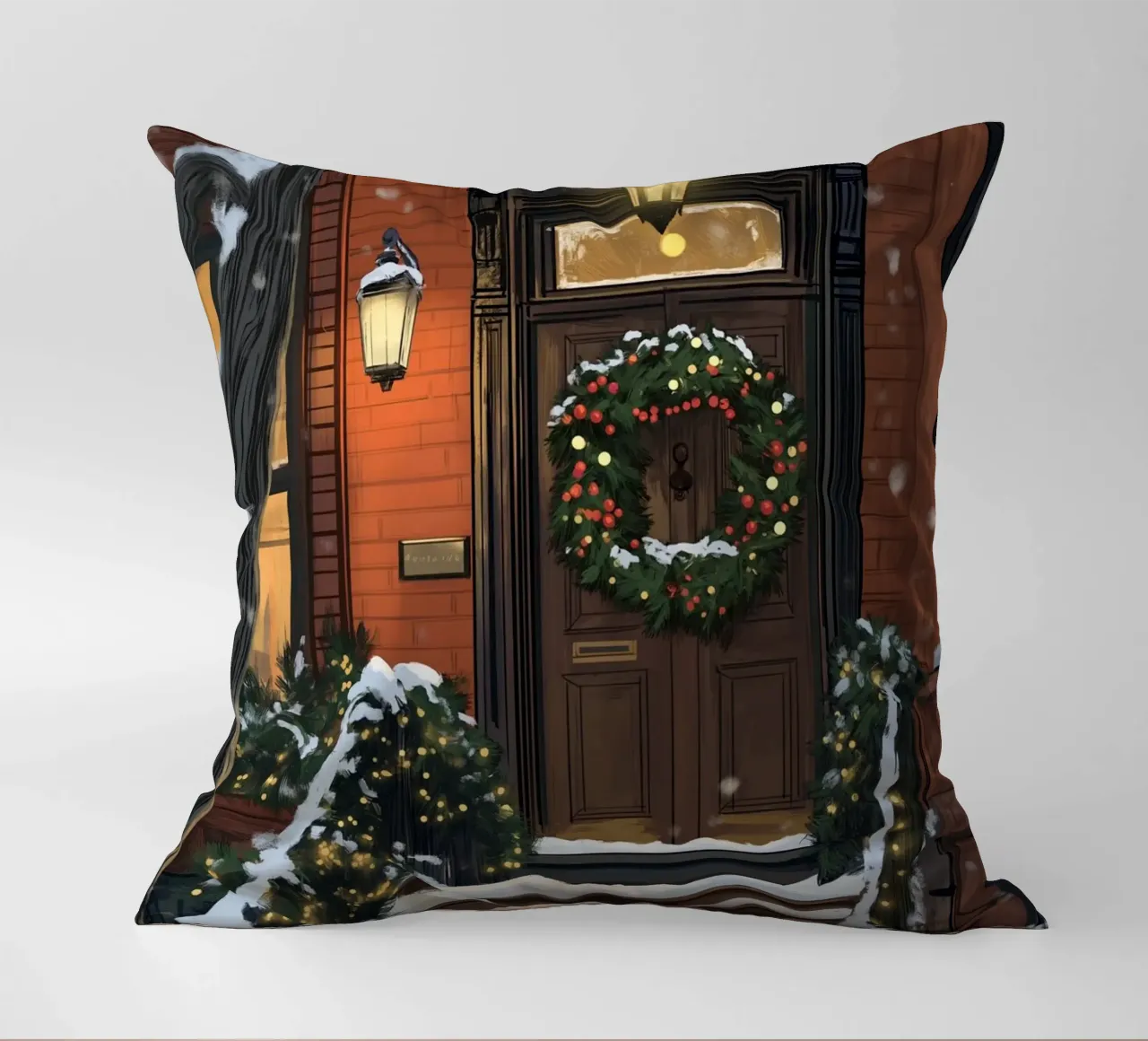 Accogliente ingresso in Brownstone - Decorazioni natalizie per porte innevate cuscino da ClubArt