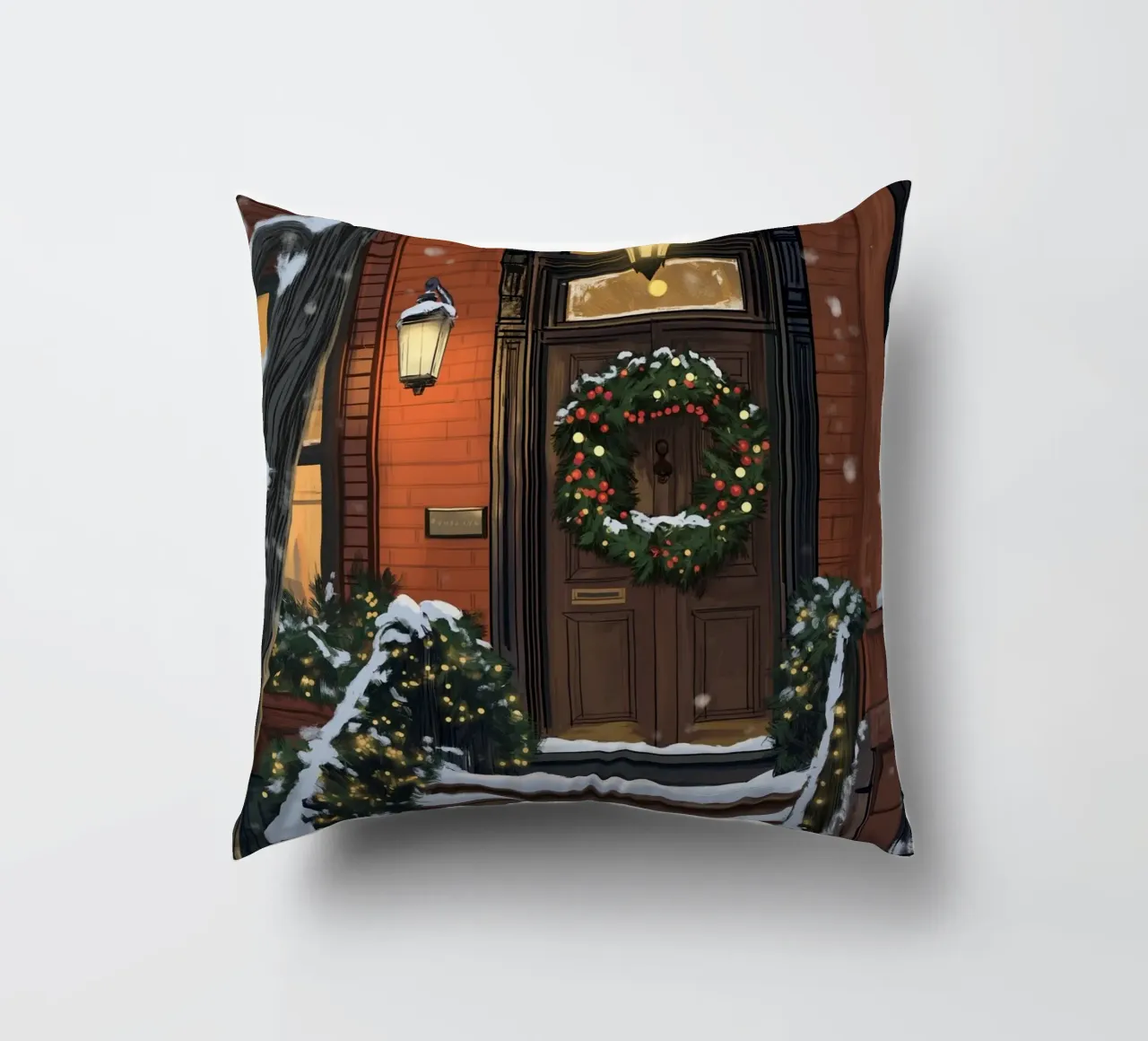 Accogliente ingresso in Brownstone - Decorazioni natalizie per porte innevate cuscino da ClubArt
