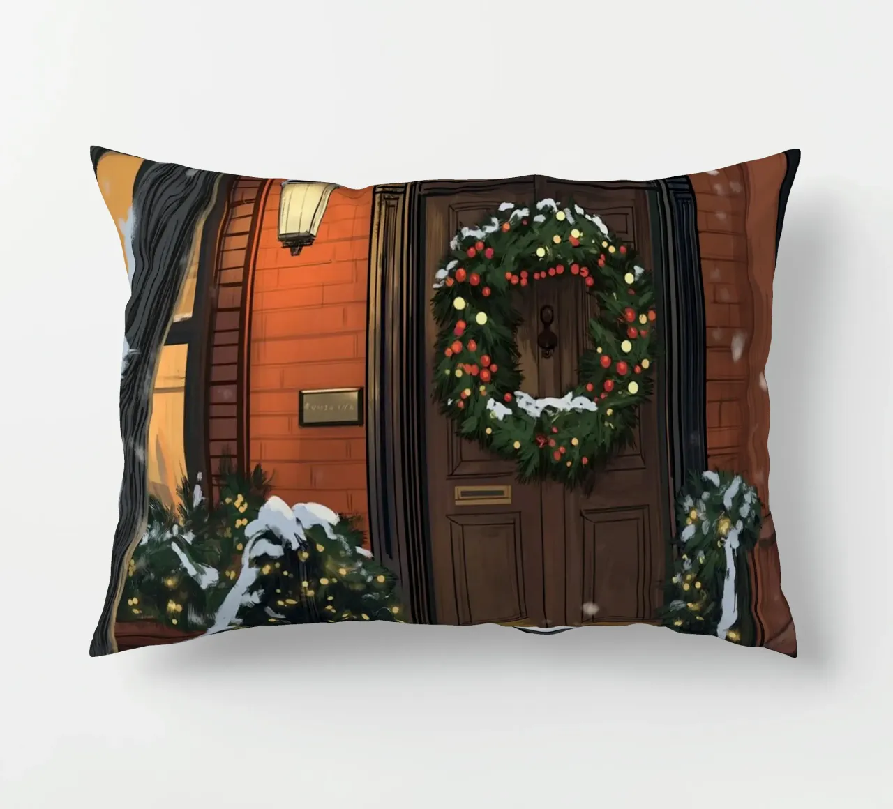 Accogliente ingresso in Brownstone - Decorazioni natalizie per porte innevate cuscino da ClubArt