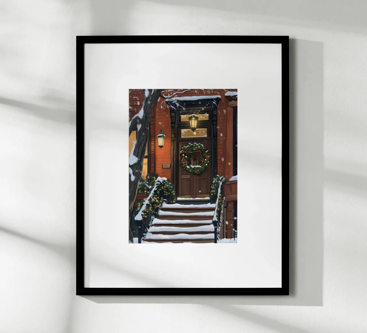 Gemütlicher Brownstone-Eingang - Verschneiter Weihnachts-Türschmuck Poster mit Aluminium Rahmen von ClubArt