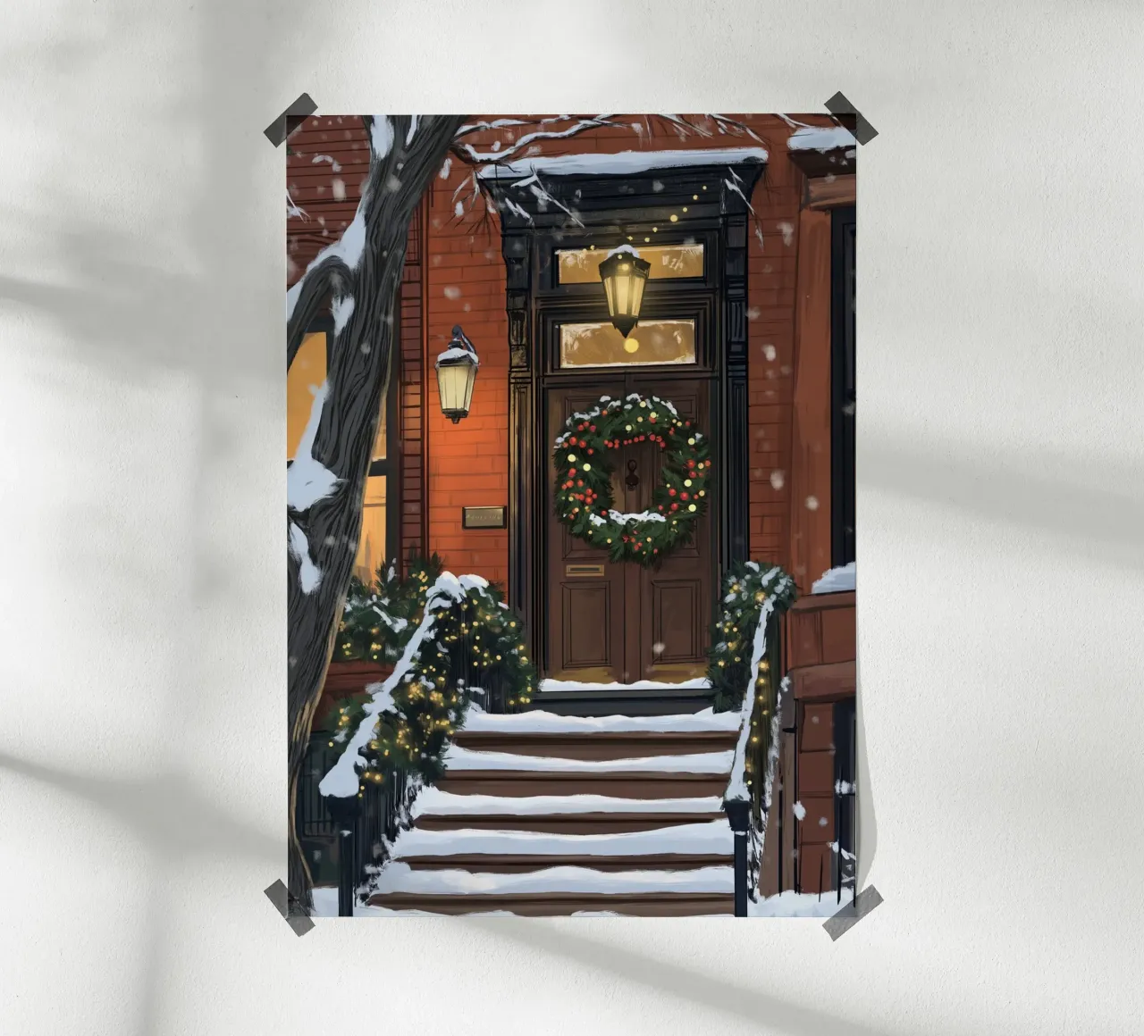 Gemütlicher Brownstone-Eingang - Verschneiter Weihnachts-Türschmuck Poster mit Aluminium Rahmen von ClubArt