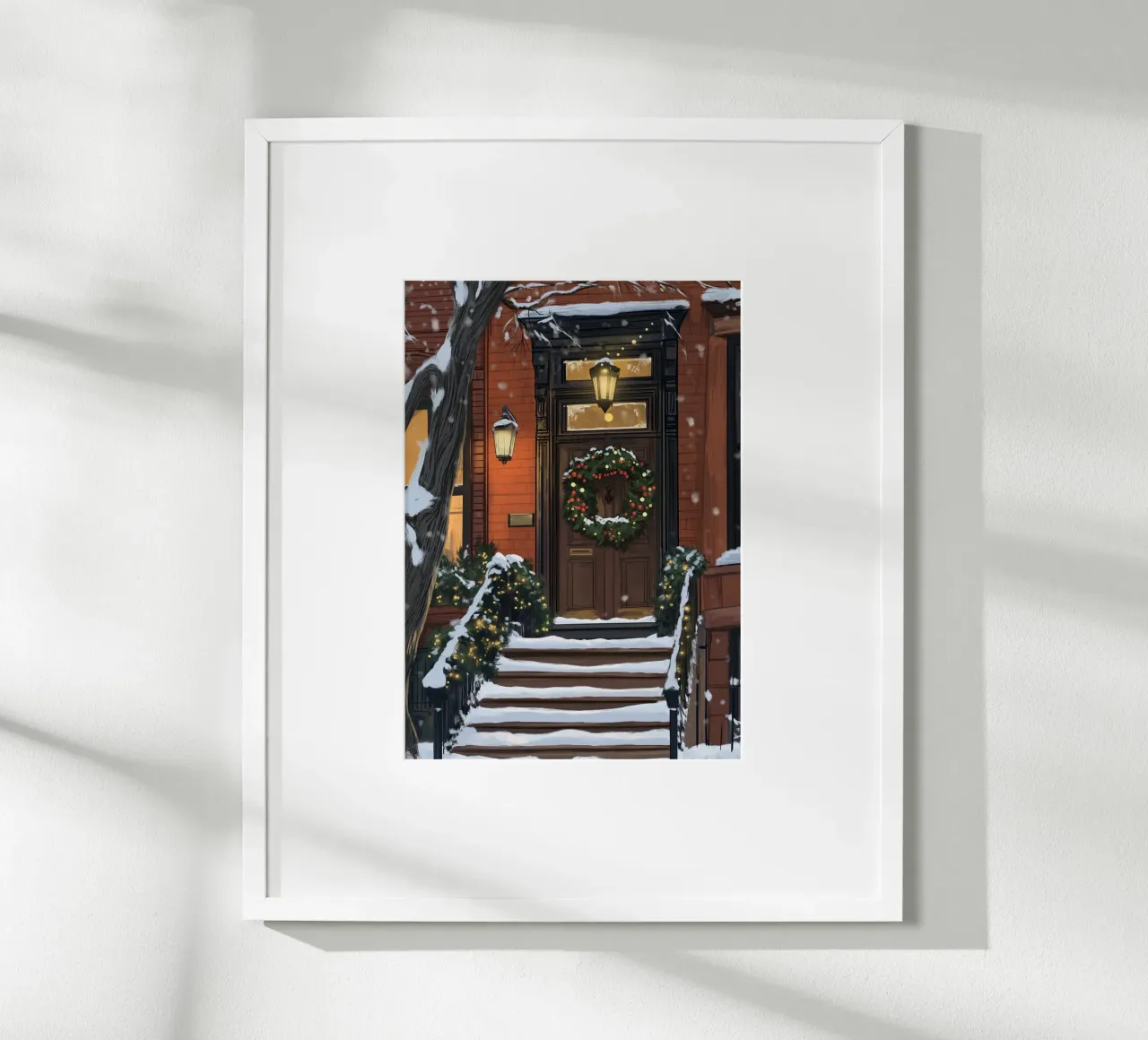 Gemütlicher Brownstone-Eingang - Verschneiter Weihnachts-Türschmuck Poster mit Aluminium Rahmen von ClubArt