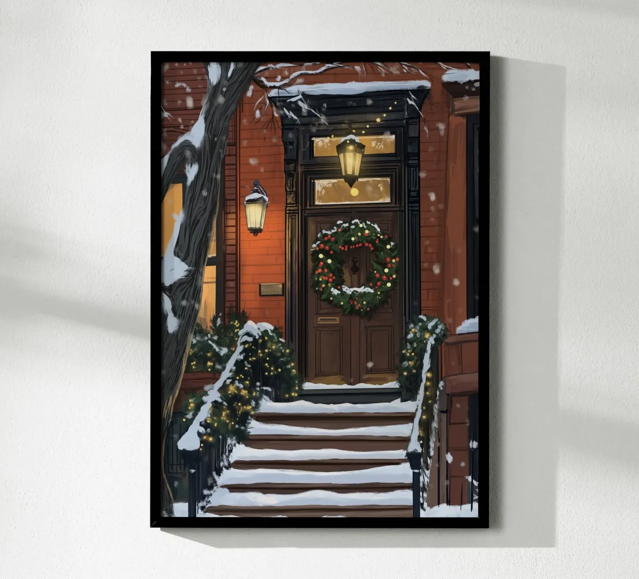 Gemütlicher Brownstone-Eingang - Verschneiter Weihnachts-Türschmuck Poster mit Aluminium Rahmen von ClubArt