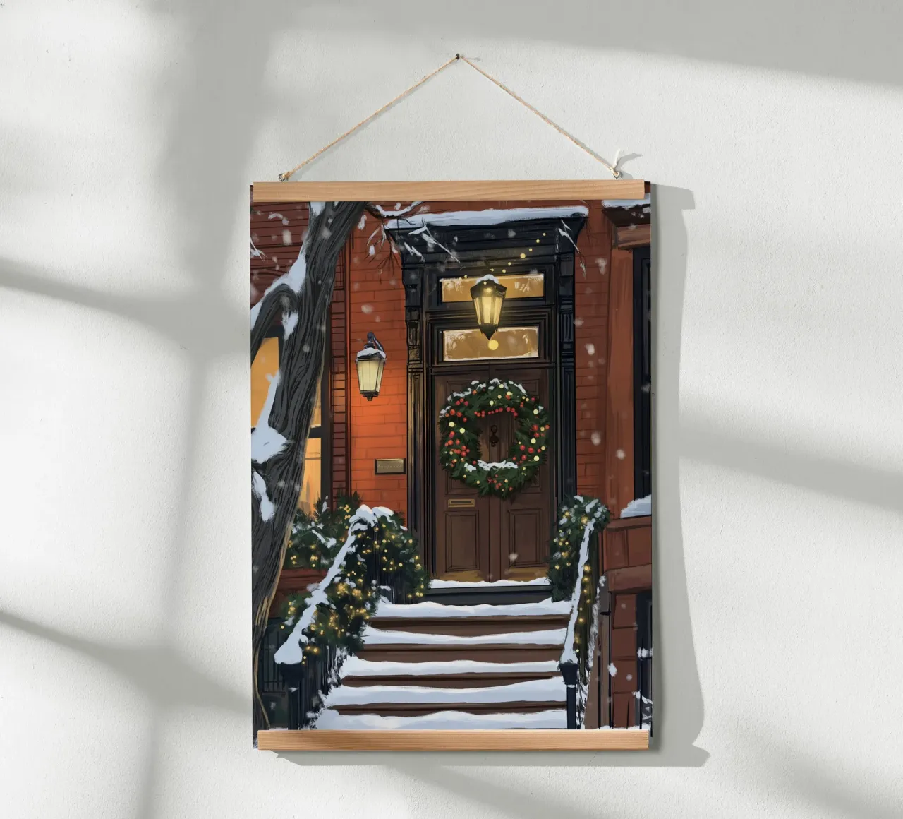 Gemütlicher Brownstone-Eingang - Verschneiter Weihnachts-Türschmuck Poster mit Aluminium Rahmen von ClubArt