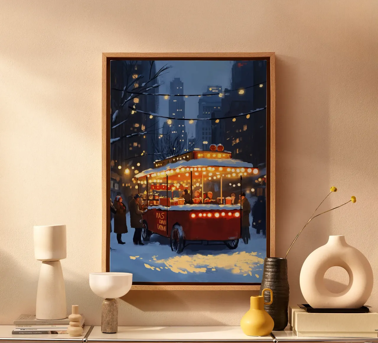 Gezellige Warme Chocolade Stand - Besneeuwde Winterse Marktscène canvas met Baklijst van ClubArt