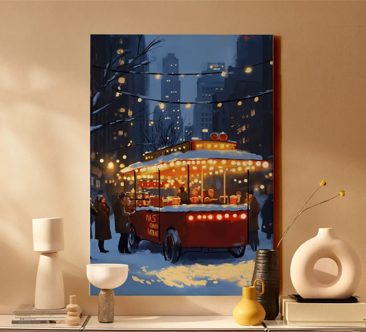 Gezellige Warme Chocolade Stand - Besneeuwde Winterse Marktscène canvas met Baklijst van ClubArt
