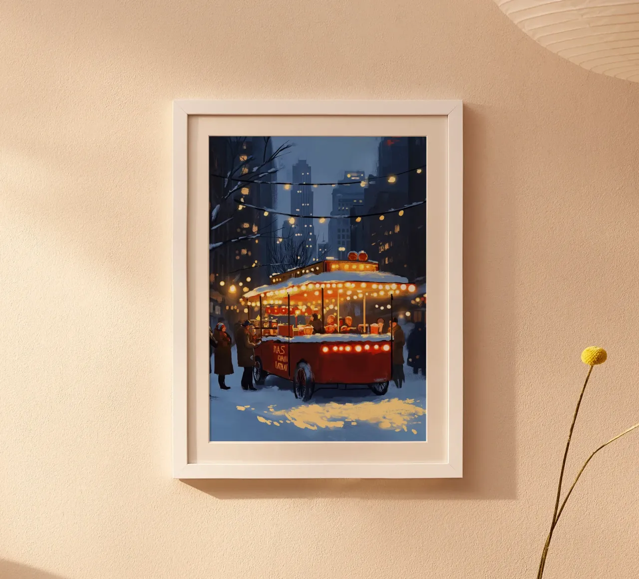 Accogliente stand di cioccolata calda - Scena di mercato invernale innevato poster da ClubArt